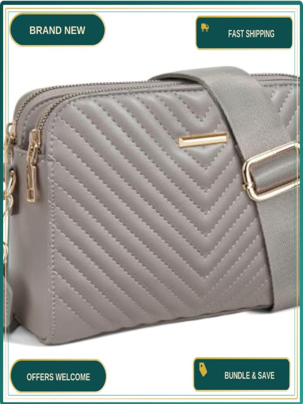 Vegan Leather Crossbody Bag Chevron Quilted Wide Strap Small Purse